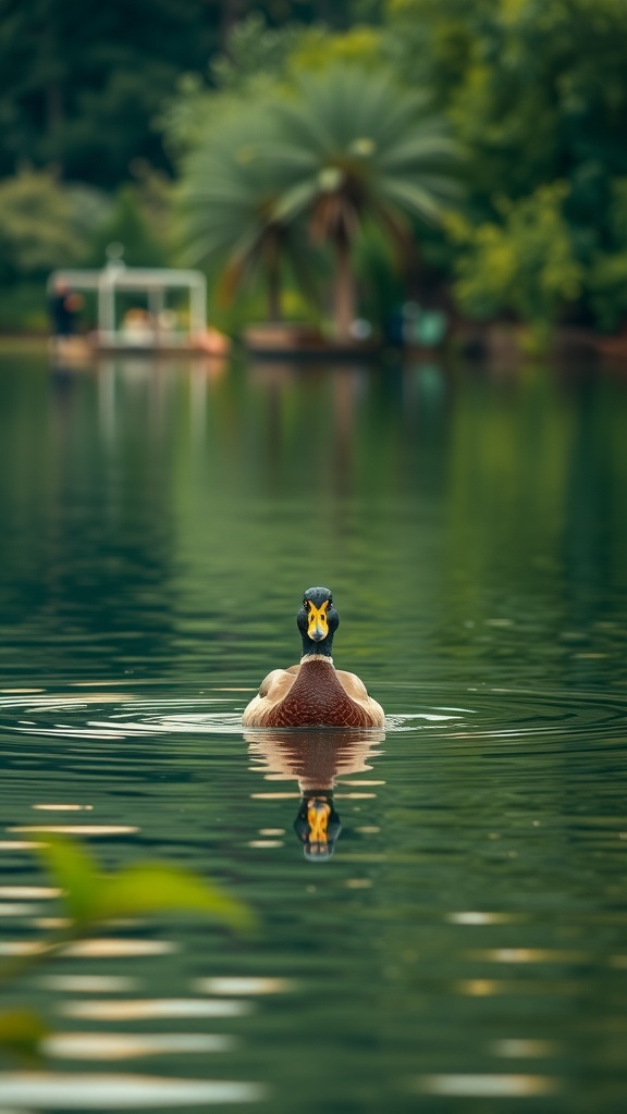 8K wallpaper of a duck swimming on a lake with reflections and greenery.